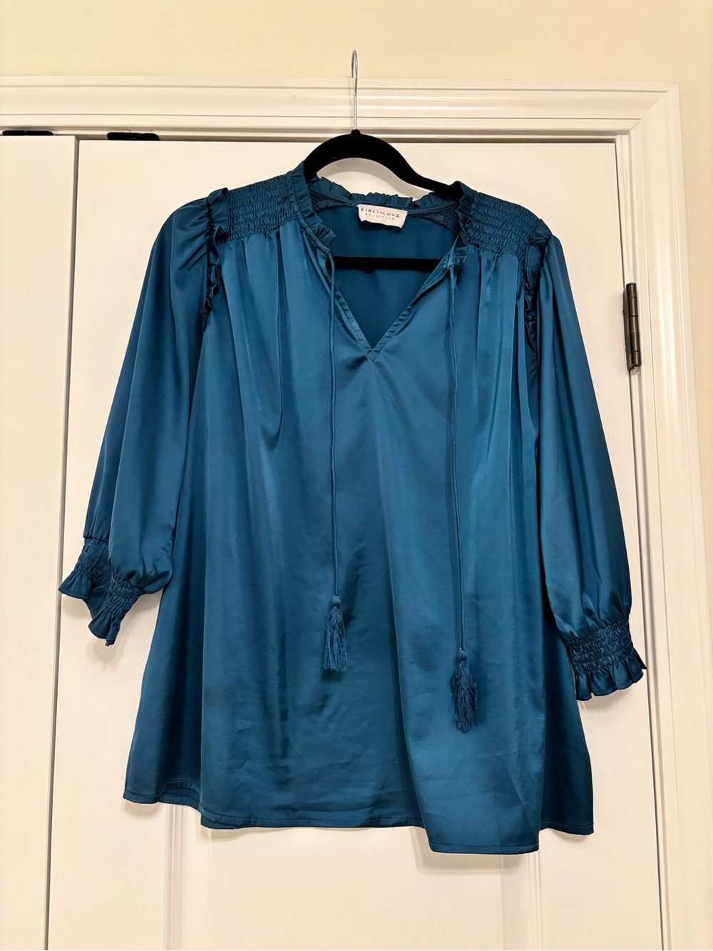 First Love Teal Satin Smocked Tunic Blouse
